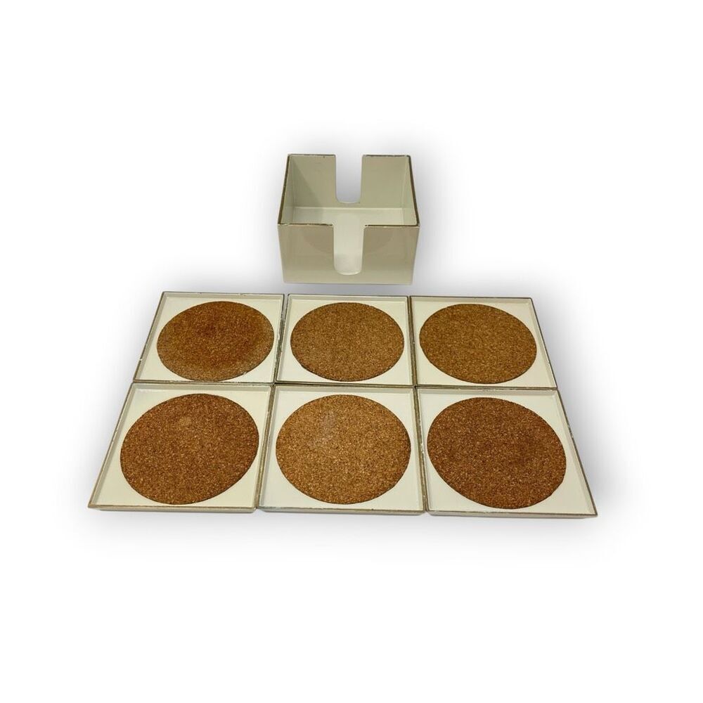 MCM Georges Briard Square Cream Gold Lacquer Ware Set of 6 Coasters Holder Japan